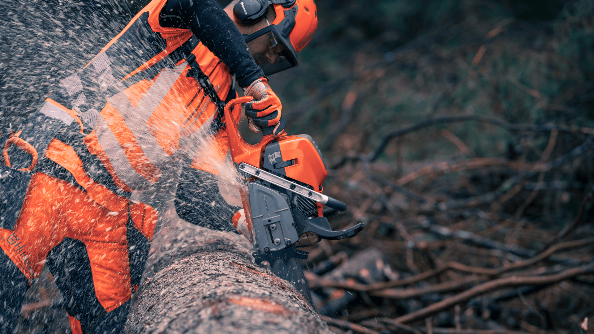 man wearing range of personal protective equipment whilst cutting tree with chainsaw